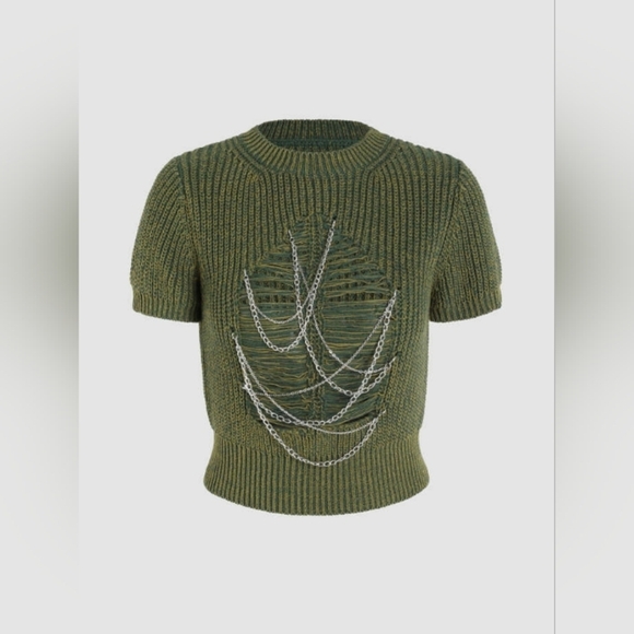Cider Tops - Round neck chain destroyed knit shorts sleeve crop top - Cider